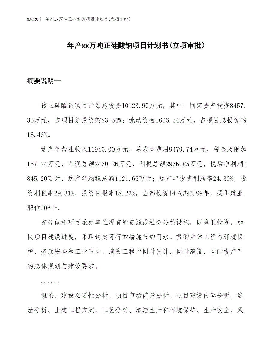 年产xx万吨正硅酸钠项目计划书(立项审批）_第1页