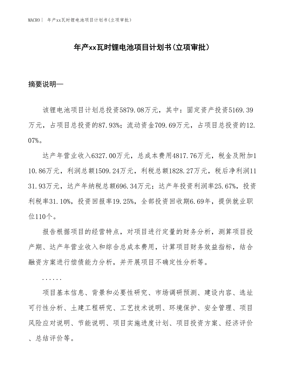 年产xx瓦时锂电池项目计划书(立项审批）_第1页