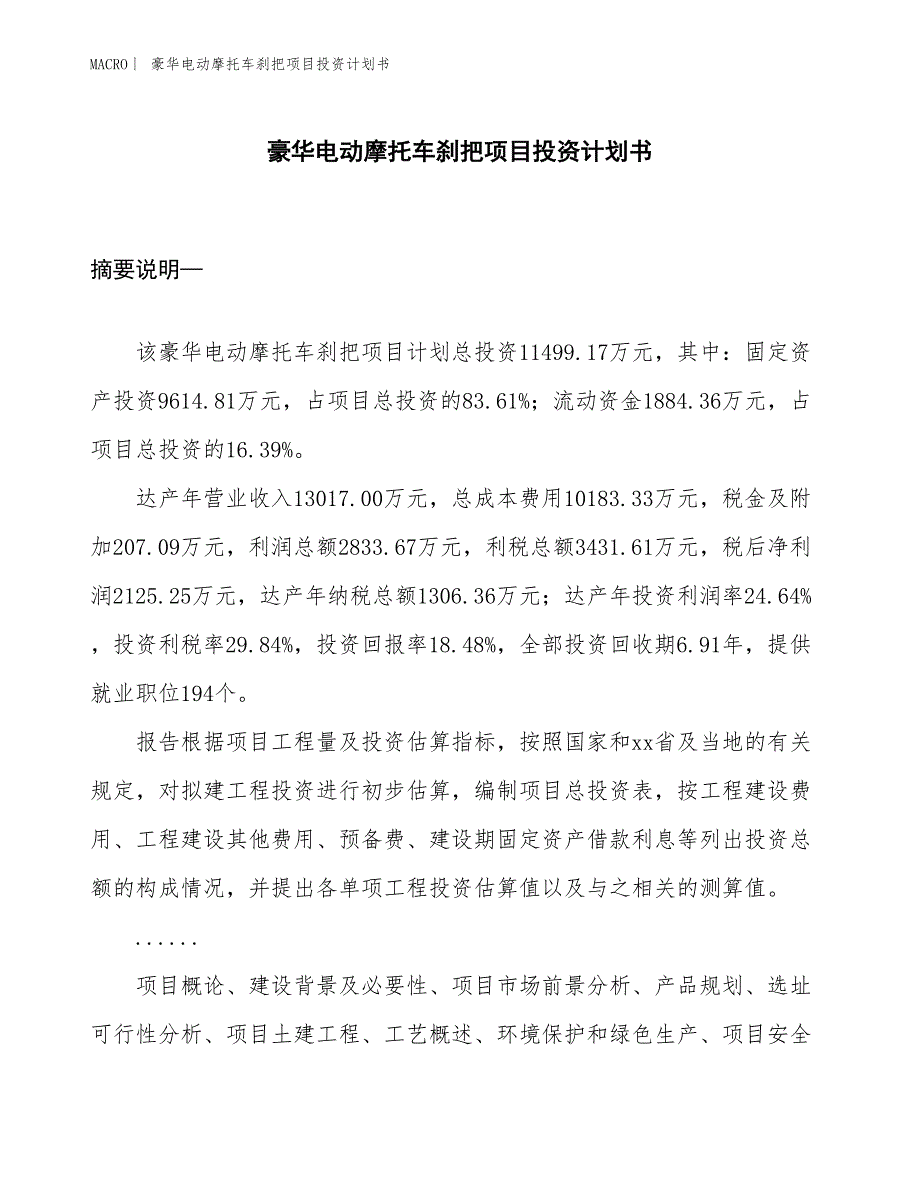 （招商引资报告）豪华电动摩托车刹把项目投资计划书_第1页