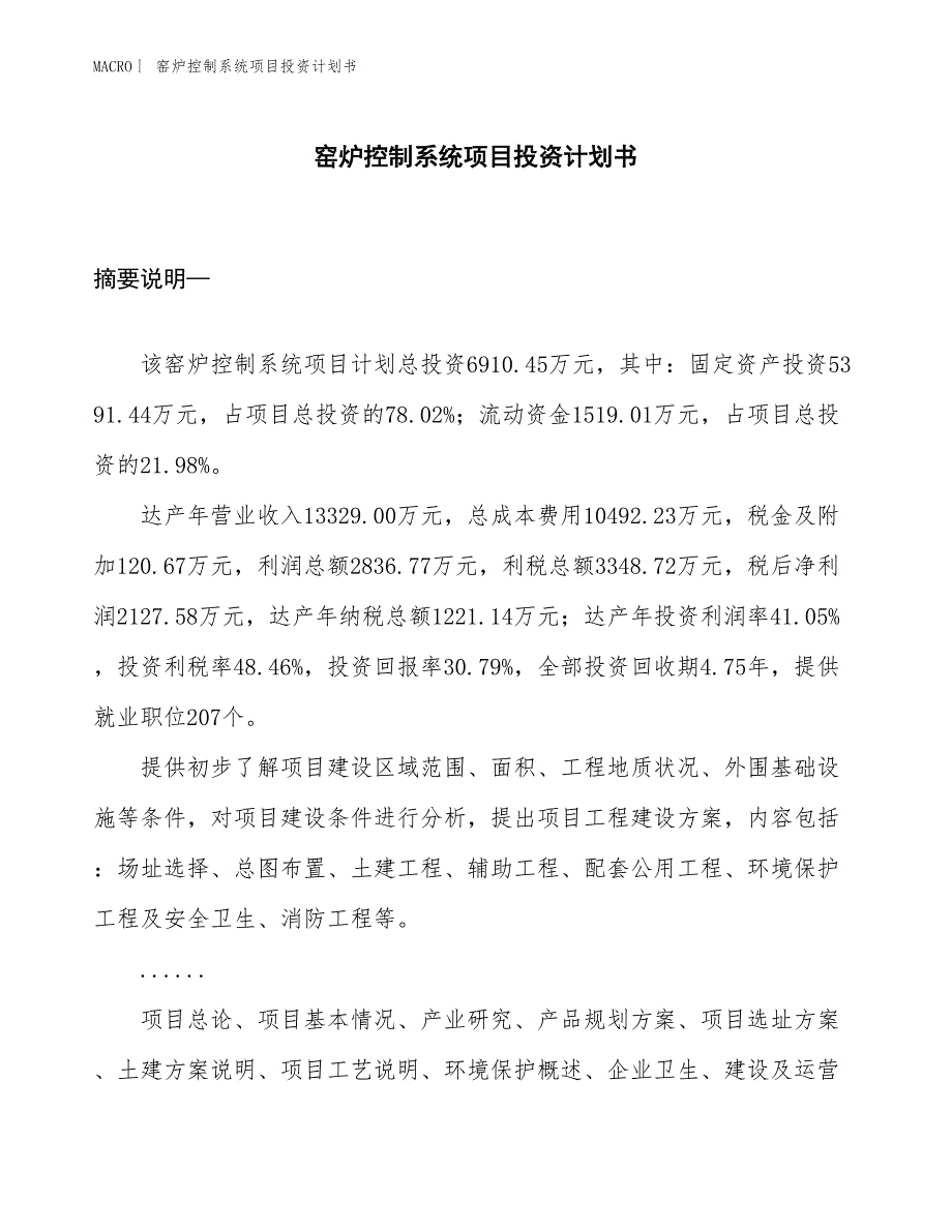 （招商引资报告）窑炉控制系统项目投资计划书_第1页