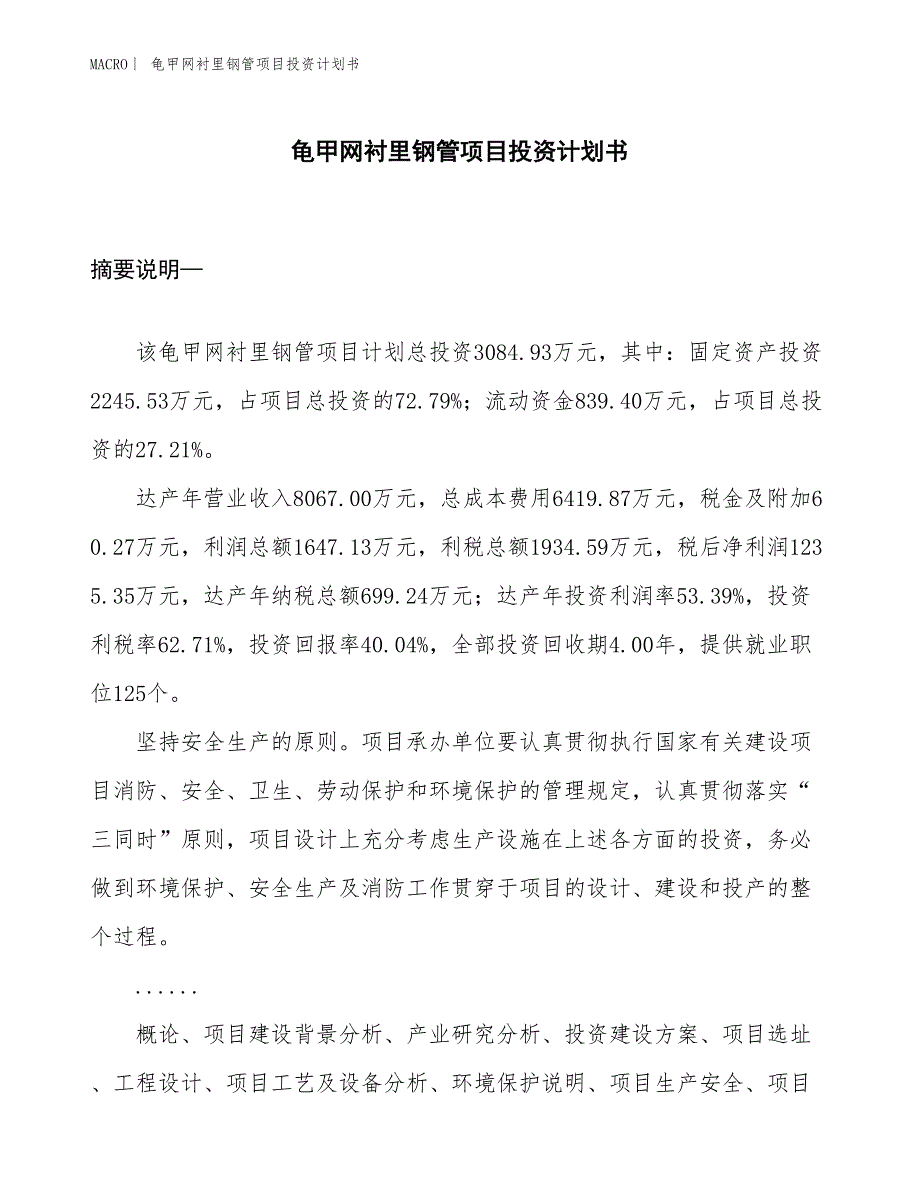 （招商引资报告）龟甲网衬里钢管项目投资计划书_第1页