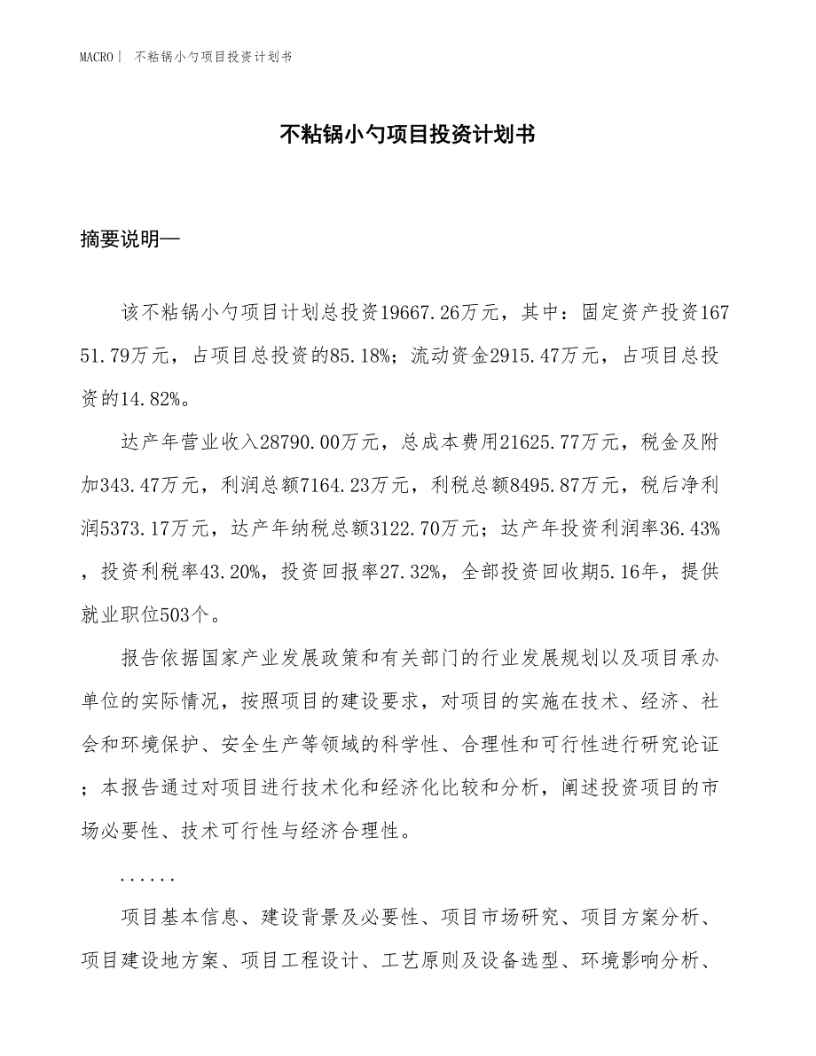 （招商引资报告）不粘锅小勺项目投资计划书_第1页