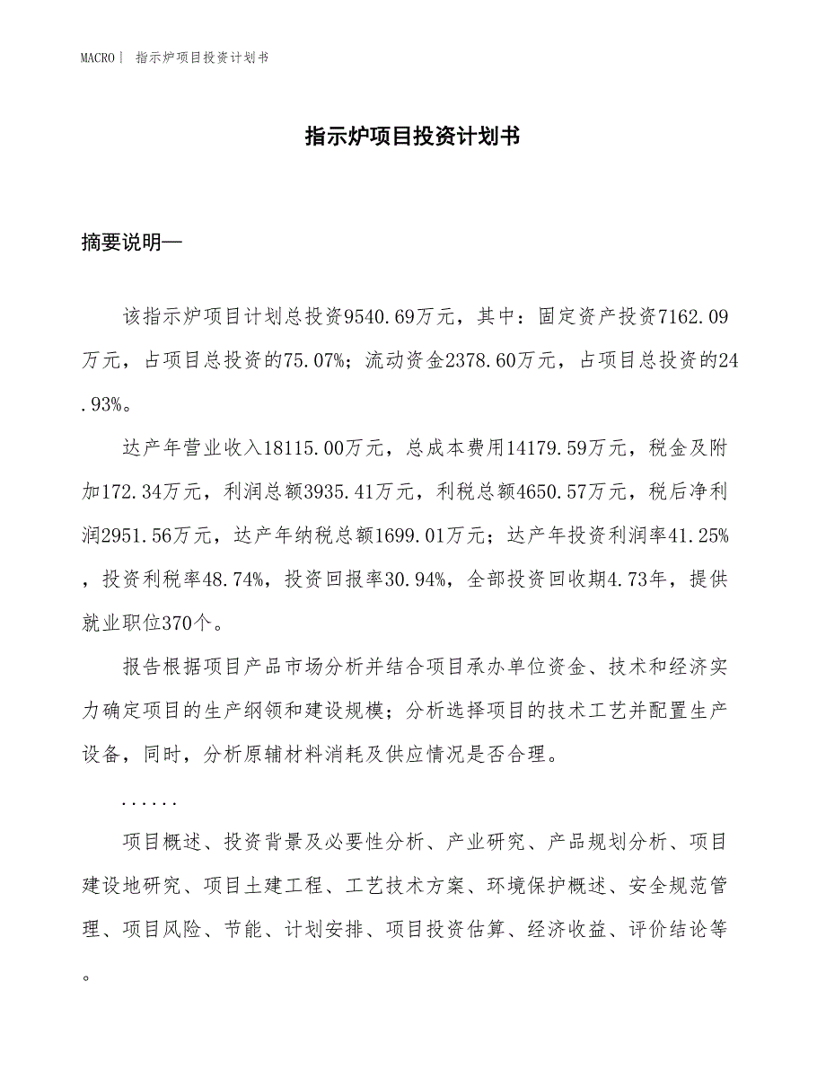 （招商引资报告）指示炉项目投资计划书_第1页