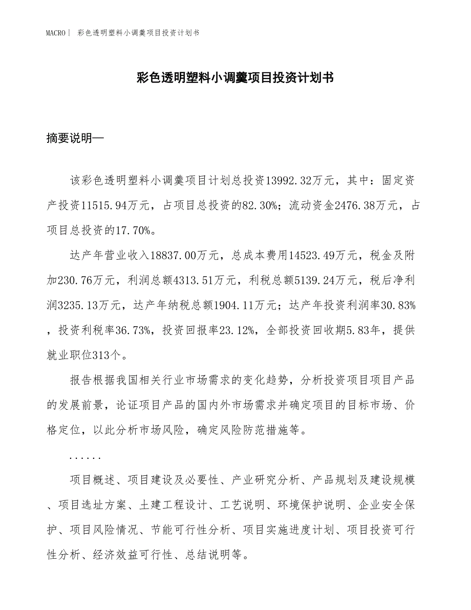 （招商引资报告）彩色透明塑料小调羹项目投资计划书_第1页