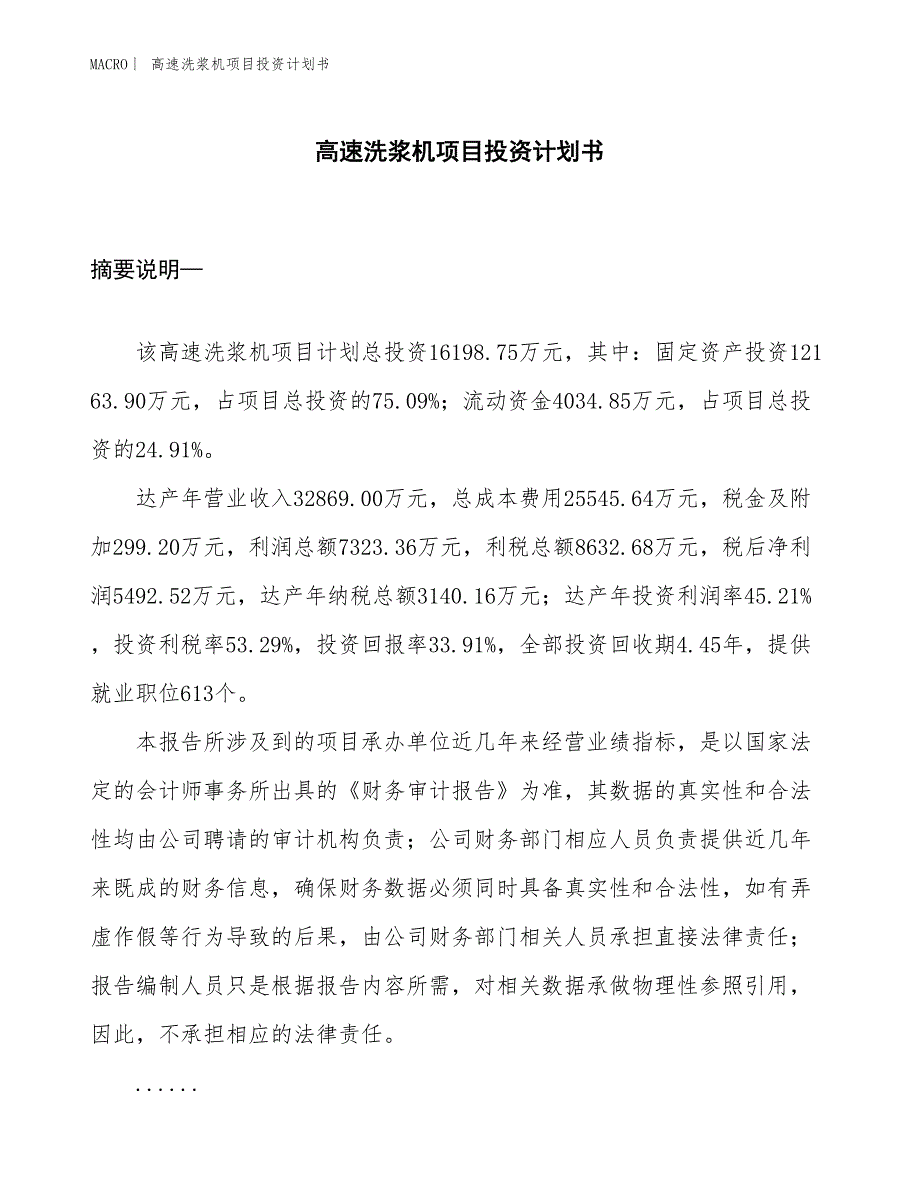 （招商引资报告）高速洗浆机项目投资计划书_第1页