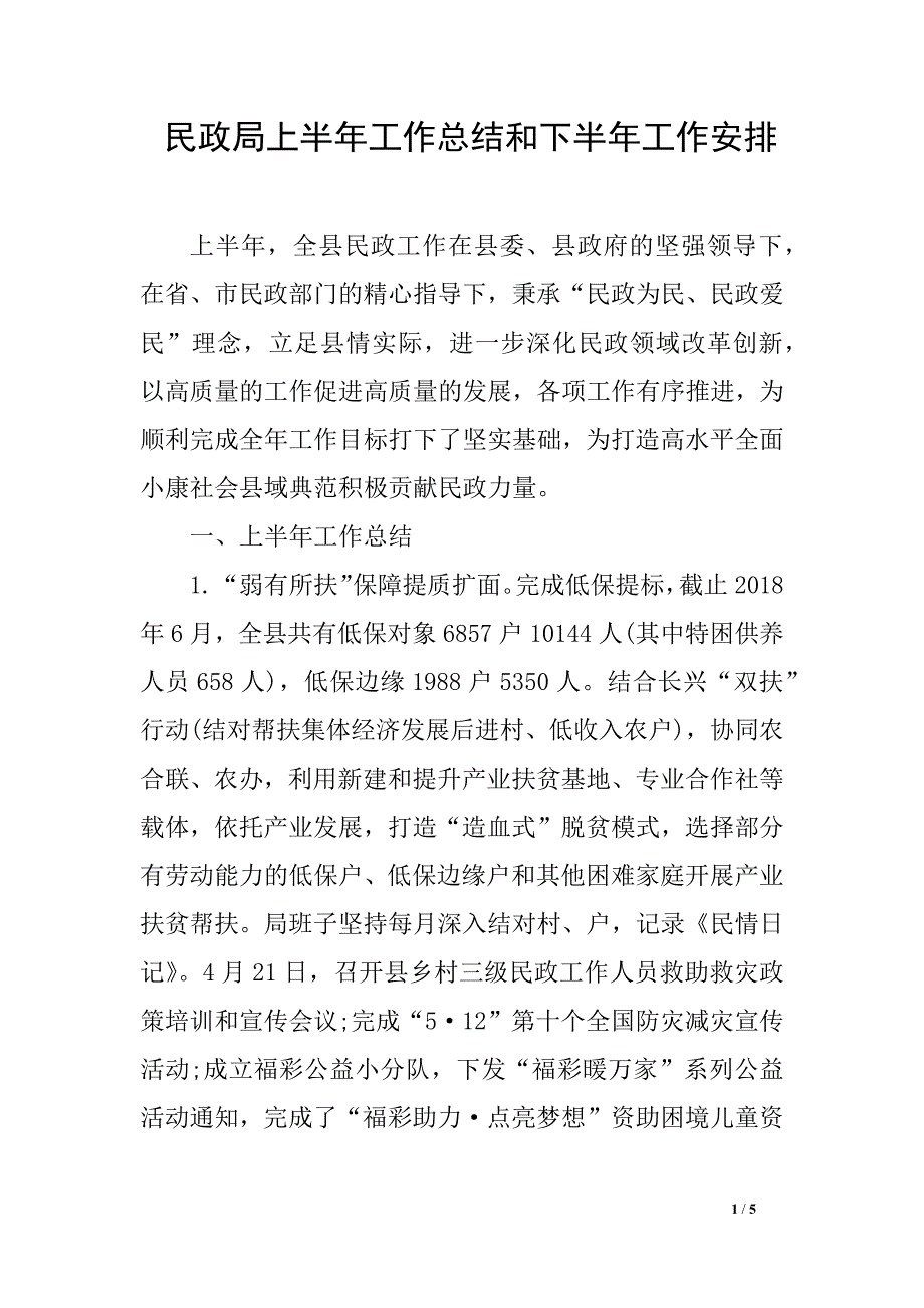 民政局上半年工作总结和下半年工作安排_第1页