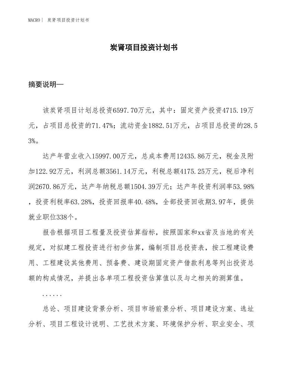 （招商引资报告）炭肾项目投资计划书_第1页