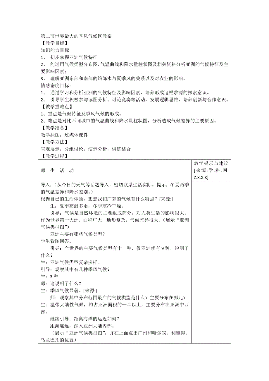 7.2 世界最大的季风气候区 教案 （商务星球版七年级下）_第1页