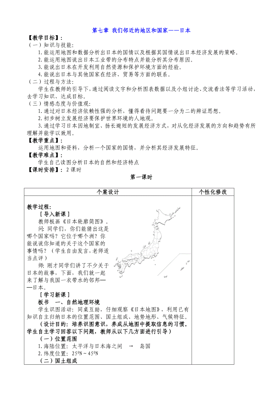 7.1日本 第1课时 教案 （七年级人教版下册）_第1页