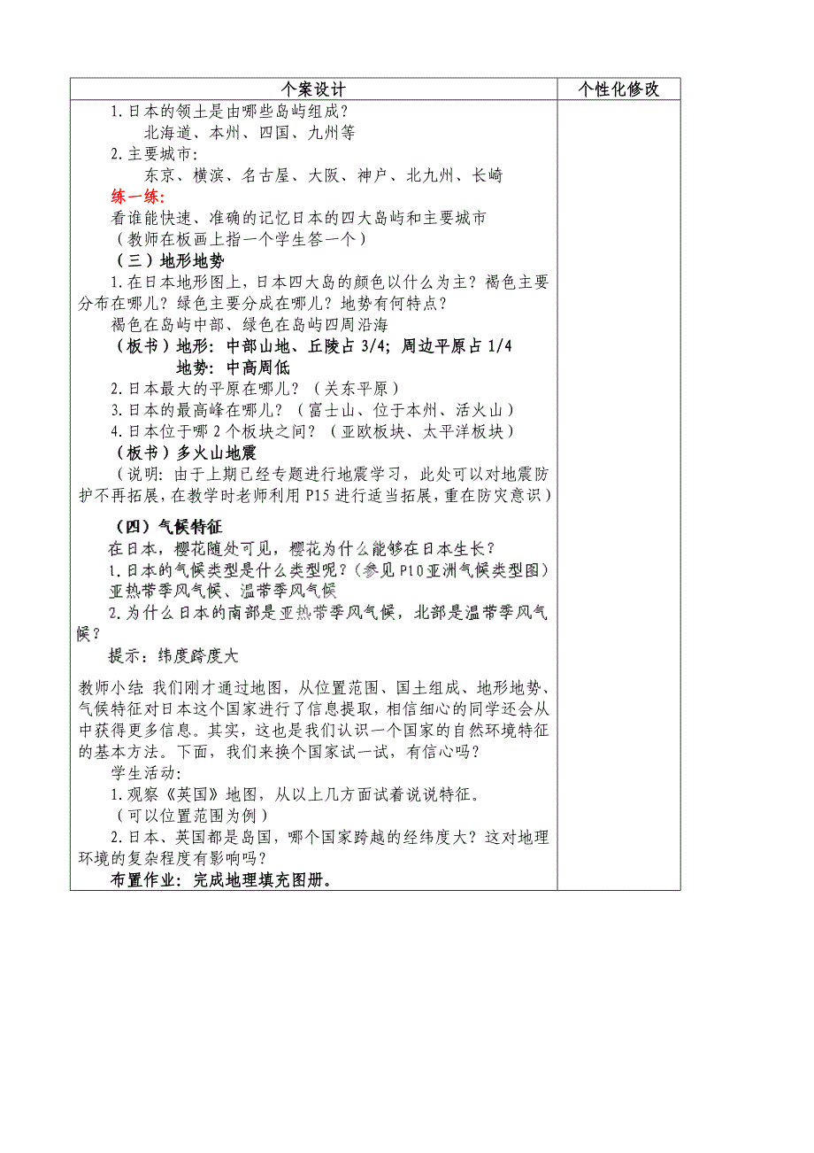 7.1日本 第1课时 教案 （七年级人教版下册）_第2页