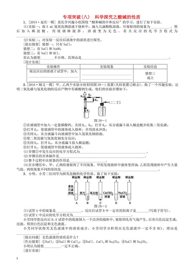 北京市2018年中考化学基础复习专项突破八科学探究之酸碱的性质练习（有答案）