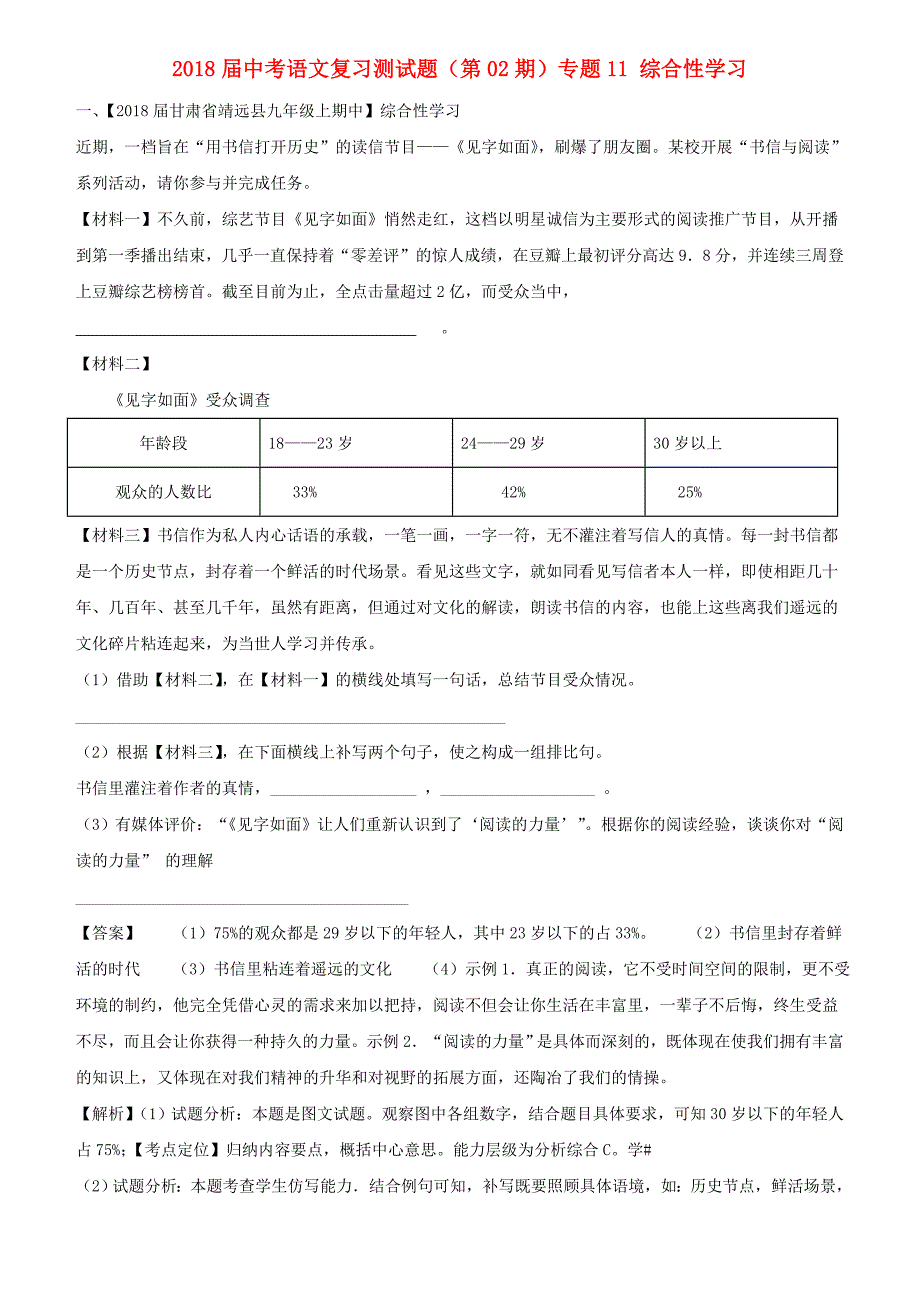 2018届中考语文复习题（第02期）专题11 综合性学习（含解析）_第1页