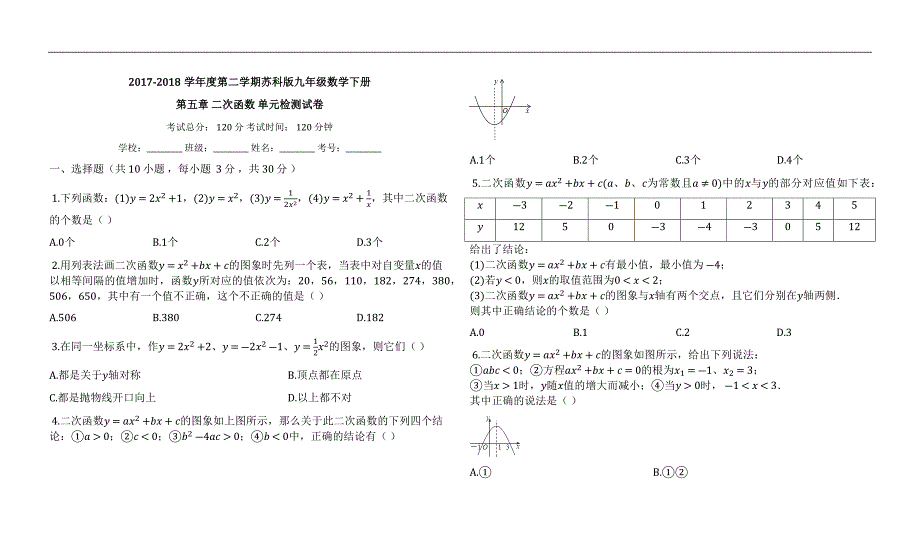 苏科版九年级数学下册《第五章二次函数》单元检测试卷（有答案）_第1页