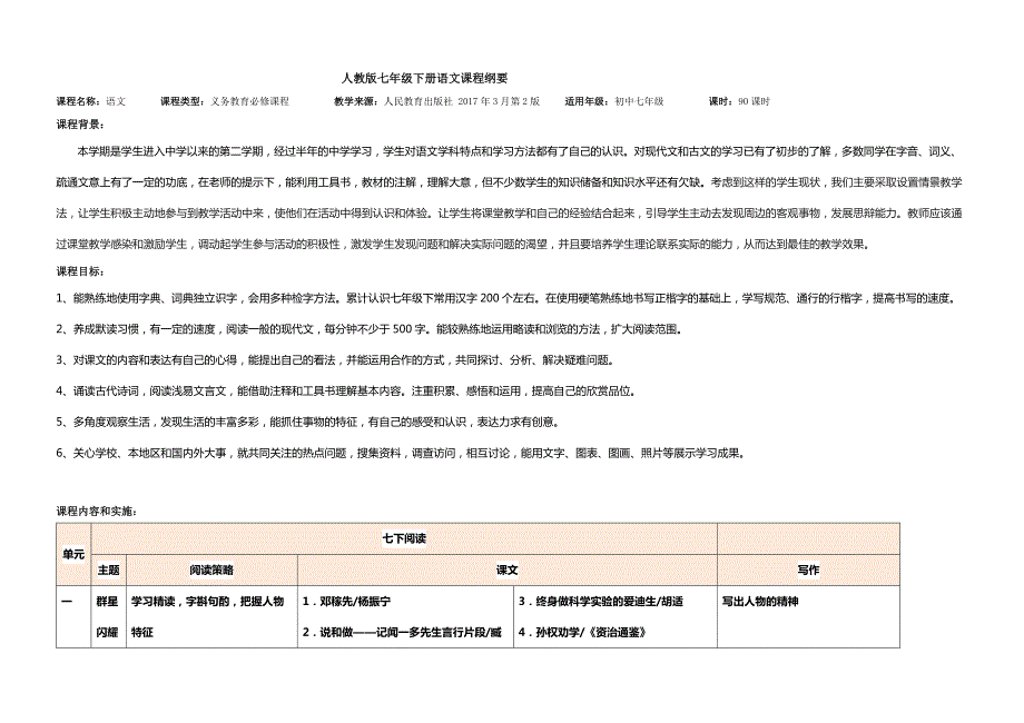 【人教部编版】2018年七年级下册语文课程纲要_第1页