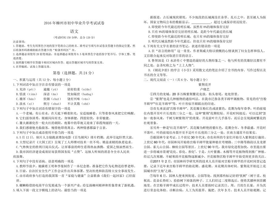 2016年广西省柳州市中考语文试卷及答案