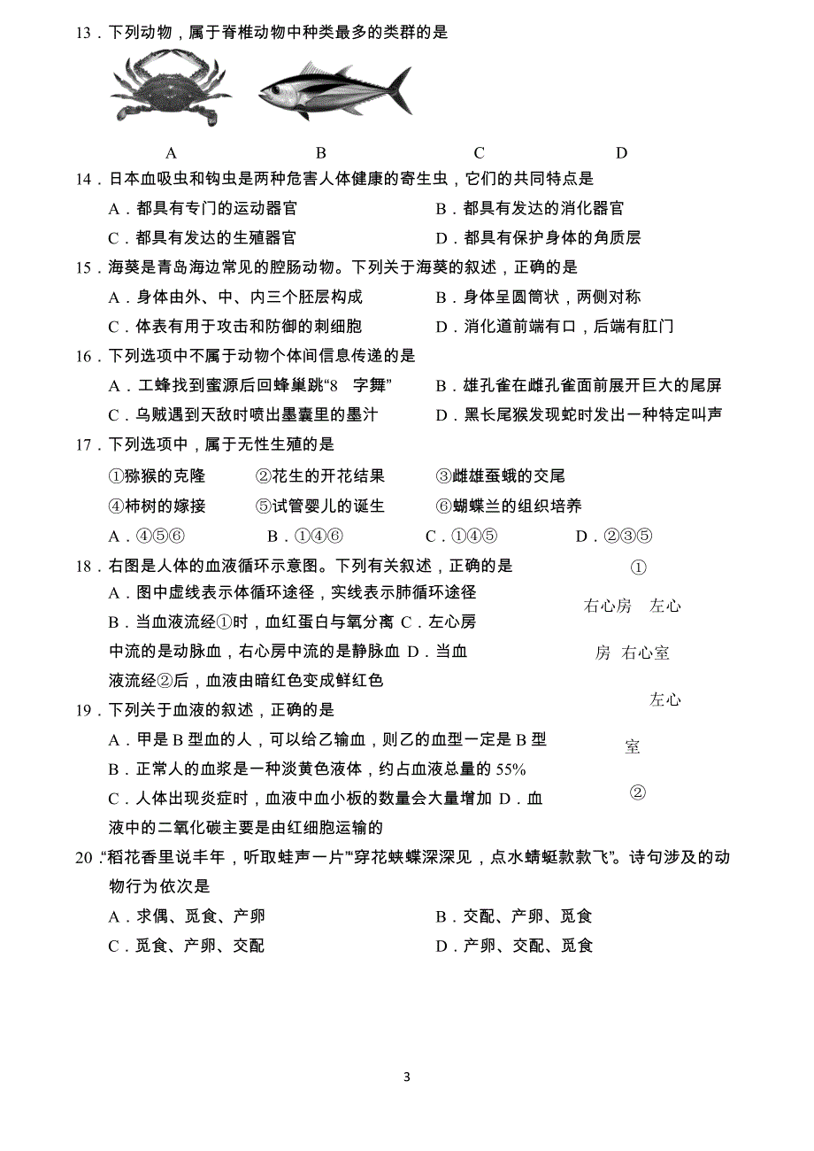 山东省青岛市2018年中考生物试题含答案_第3页