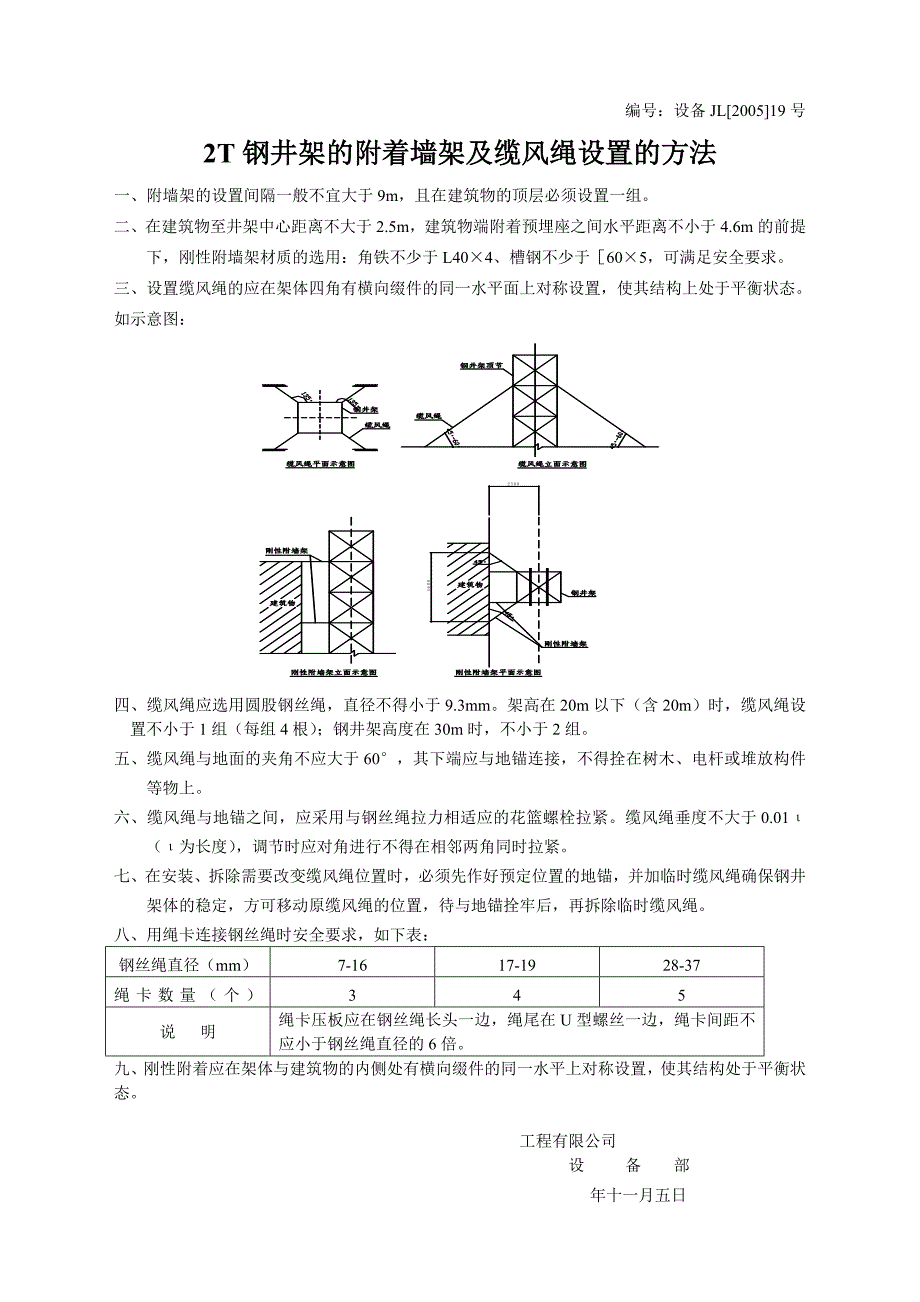 2T钢井架的附着墙架及缆风绳设置的方法-设备部制定标准.doc_第1页