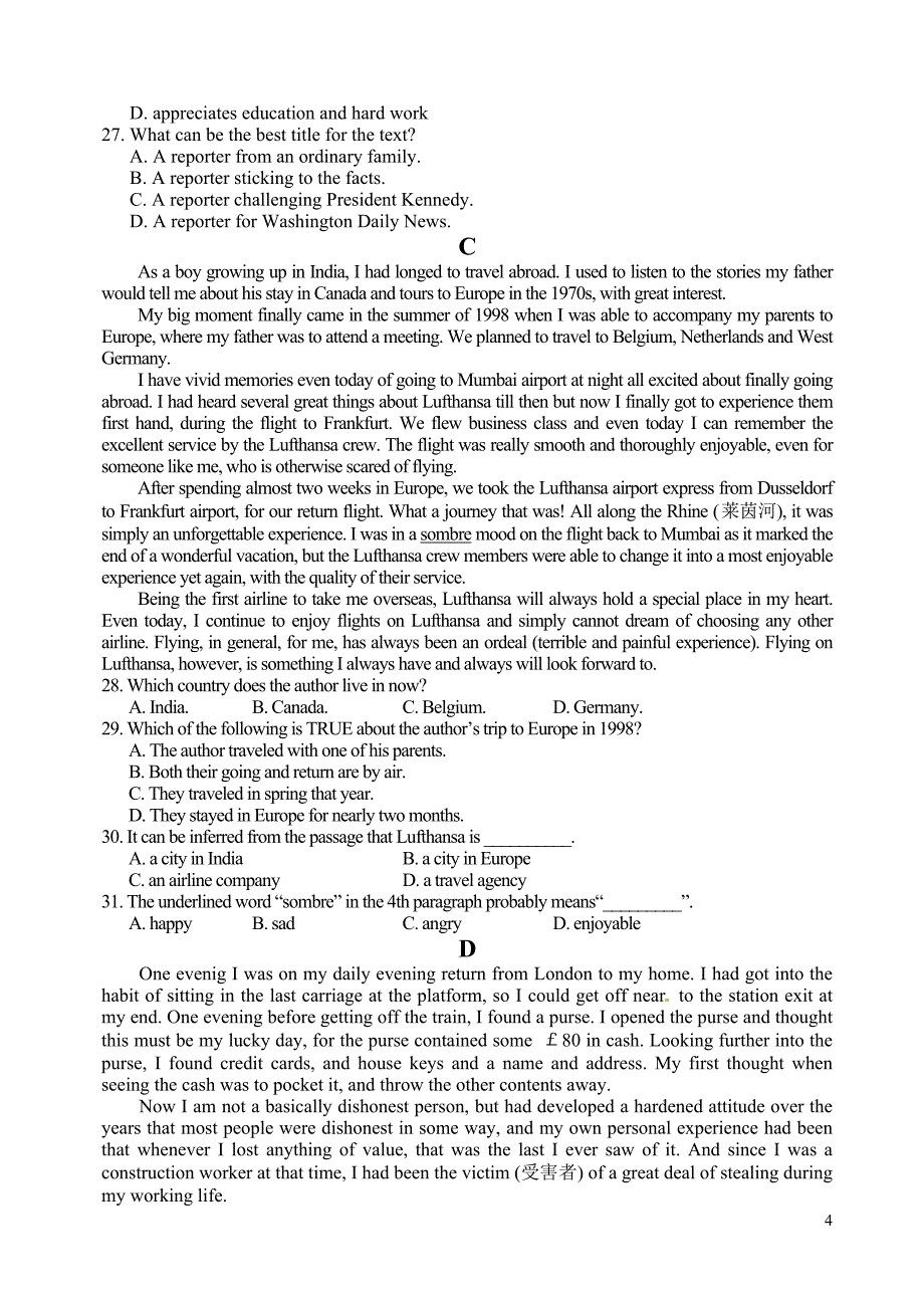 河南省漯河第四高级中学高一下学期第二次考试（期中）英语试题(有答案)_第4页