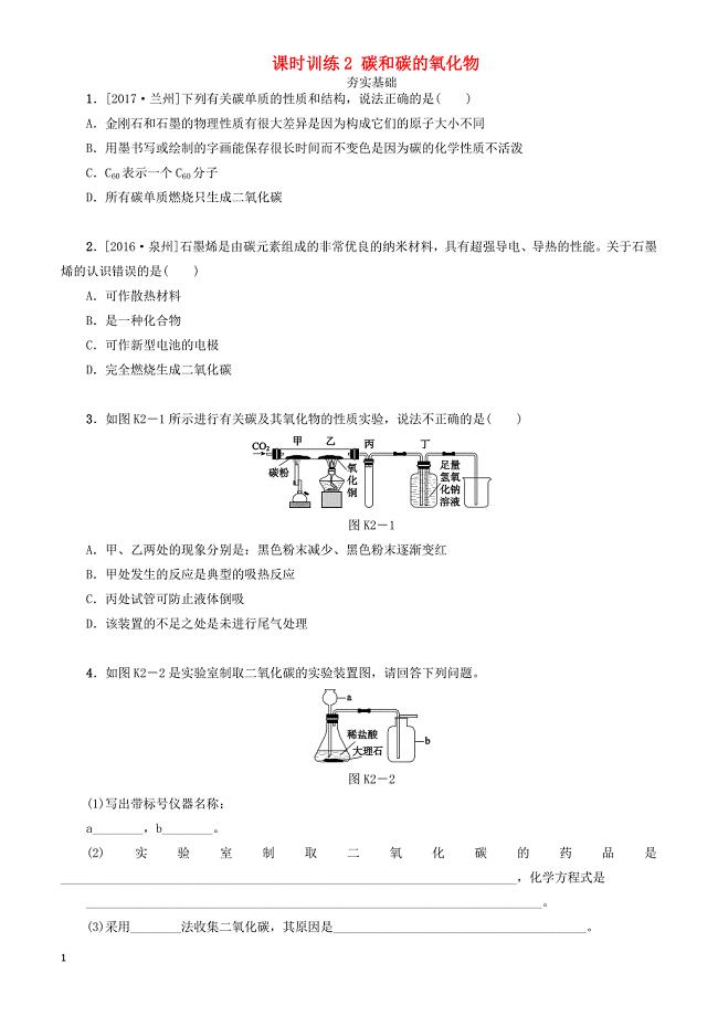 湖南省2018年中考化学复习课时训练2碳和碳的氧化物练习（有答案）