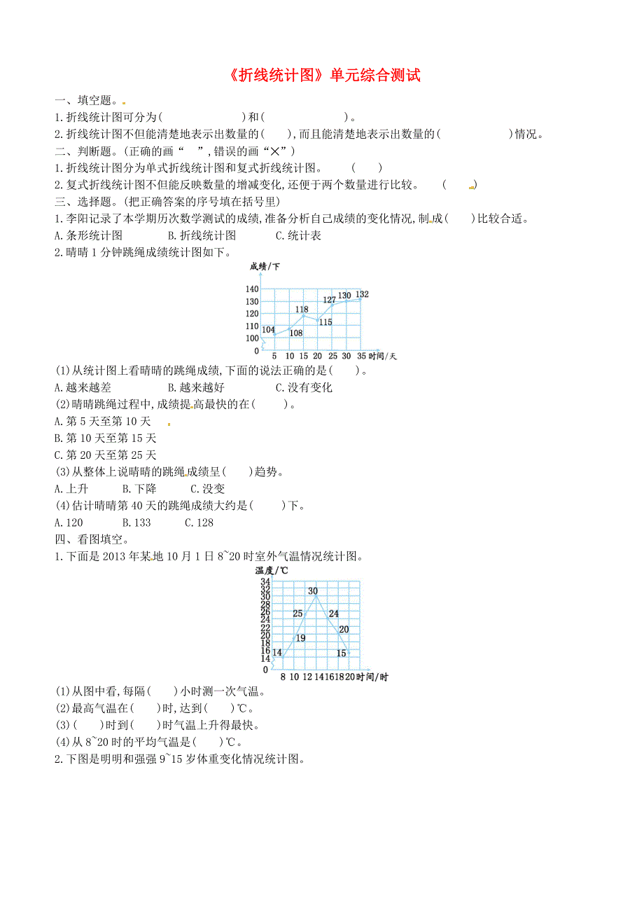 五年级数学下册第7单元《折线统计图》单元综合测试新人教版（含答案）_第1页