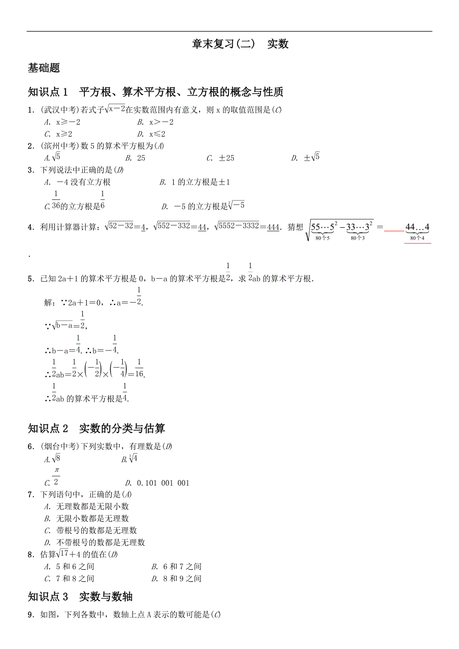 七年级下册数学章末复习(二)　实数（含答案)_第1页