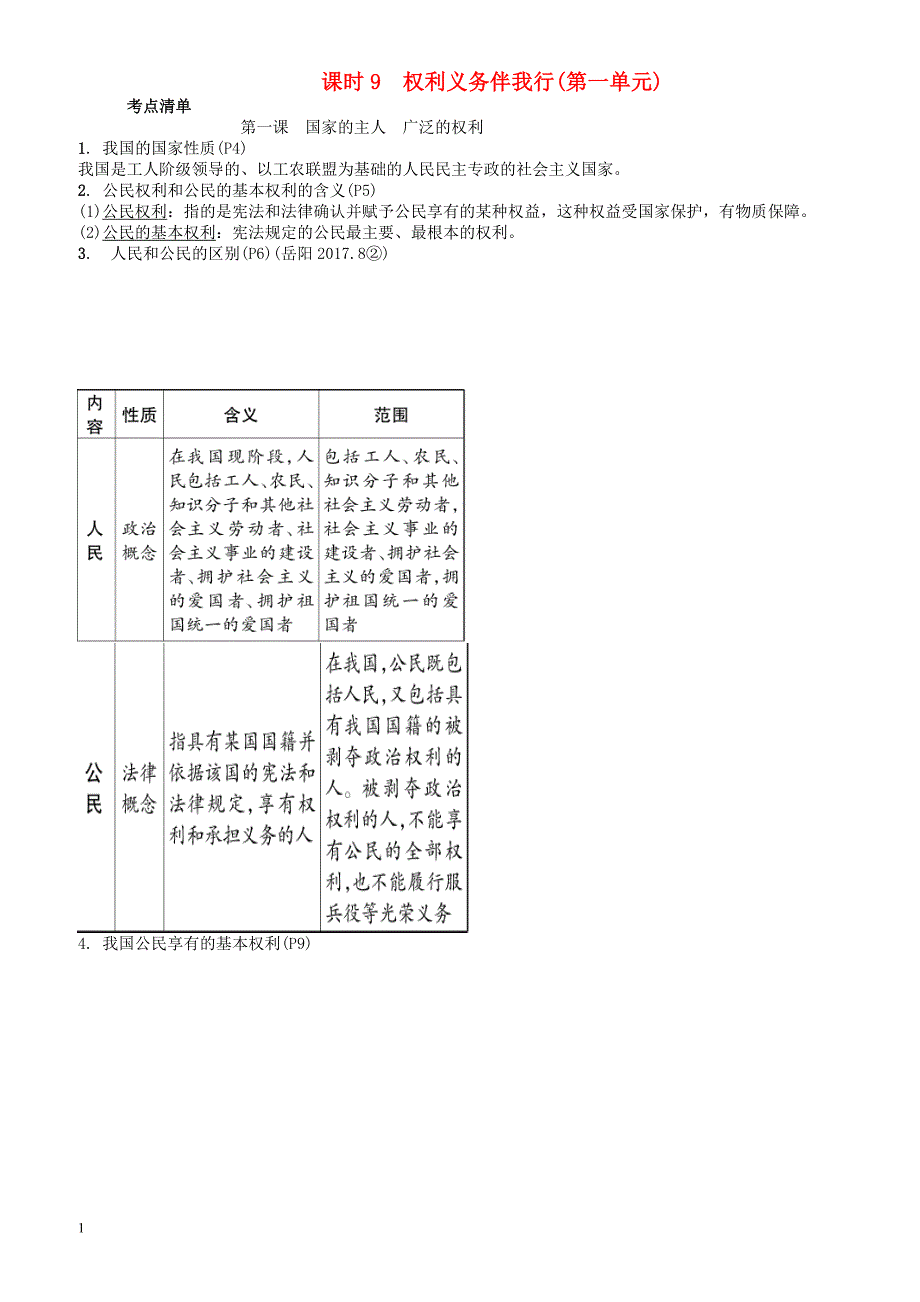 湖南省2018年中考政治总复习课时9权利义务伴我行（有答案）_第1页