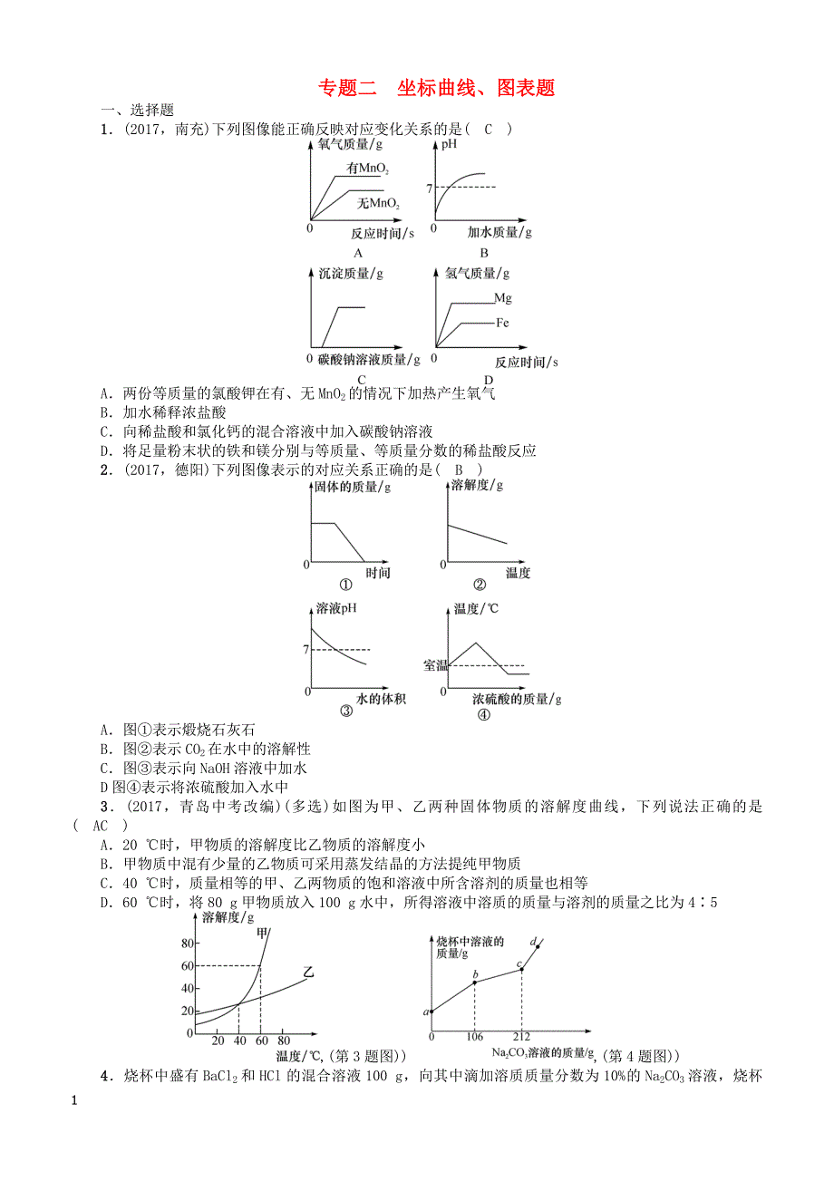 遵义专版2018中考化学总复习第2编重点题型突破篇专题二坐标曲线图表题精练练习（有答案）_第1页