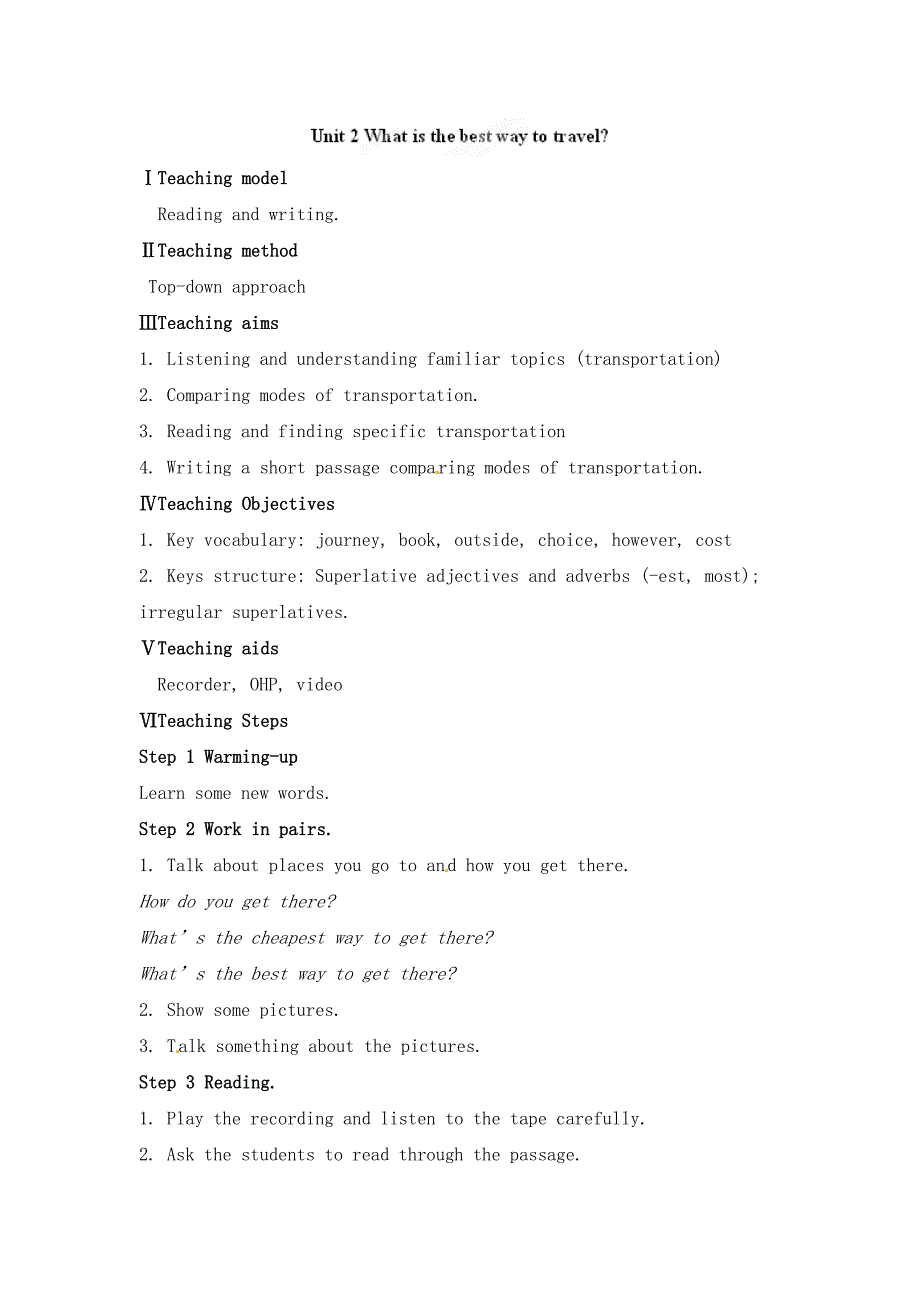 unit 2 what is the best way to travel 教案1 （外研版八年级上册）_第1页