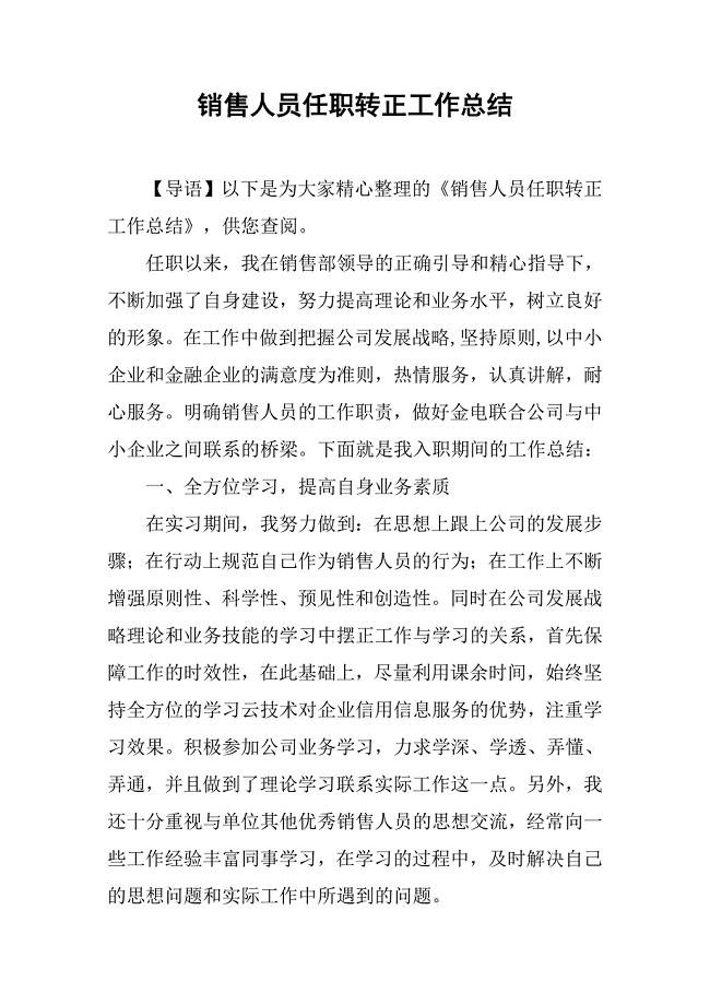 销售人员任职转正工作总结.doc