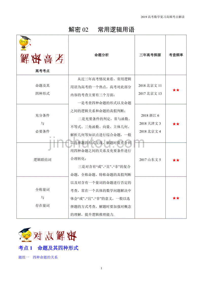 2019高考数学复习高频考点02常用逻辑用语_第1页