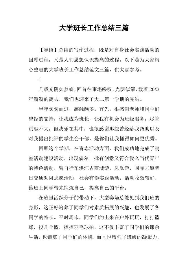 大学班长工作总结三篇