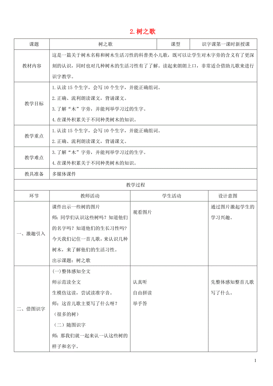 二年级语文上册 识字 2树之歌教案 新人教版_第1页