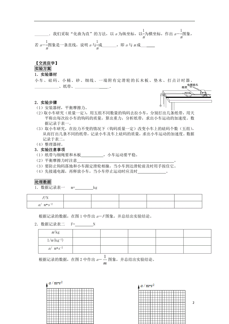 江苏省南通市高中物理第四章牛顿运动定律4.2实验：探究加速度与力质量的关系学案无答案新人教版必修120171221213_第2页