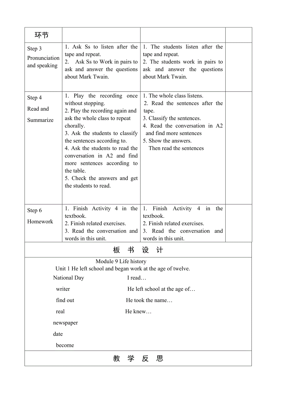 module 9 unit 1 he left school and began work at the age of twelve. 教案（外研版七年级下册）_第3页