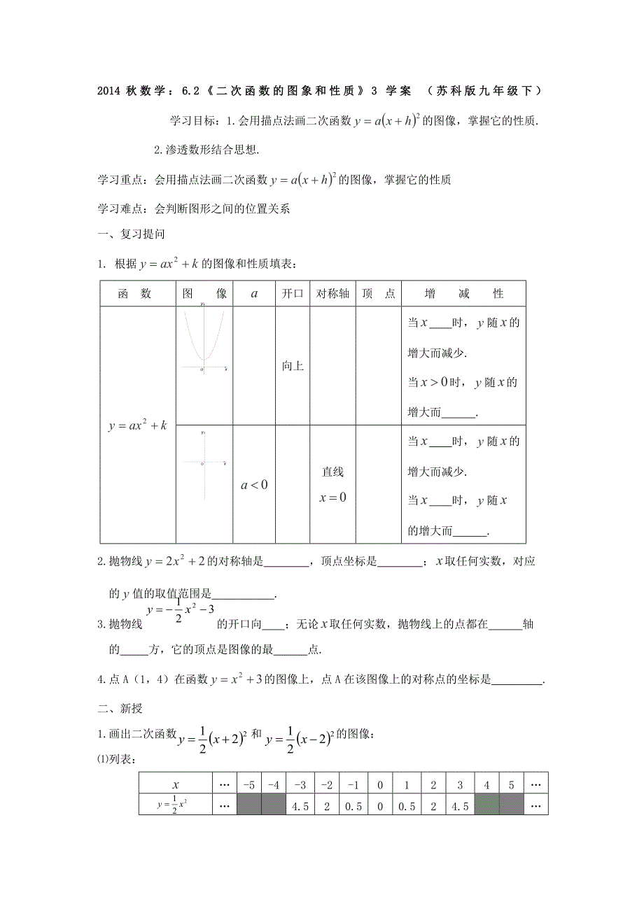 数学：6.2《二次函数的图象和性质》3 学案 （苏科版九年级下）_第1页