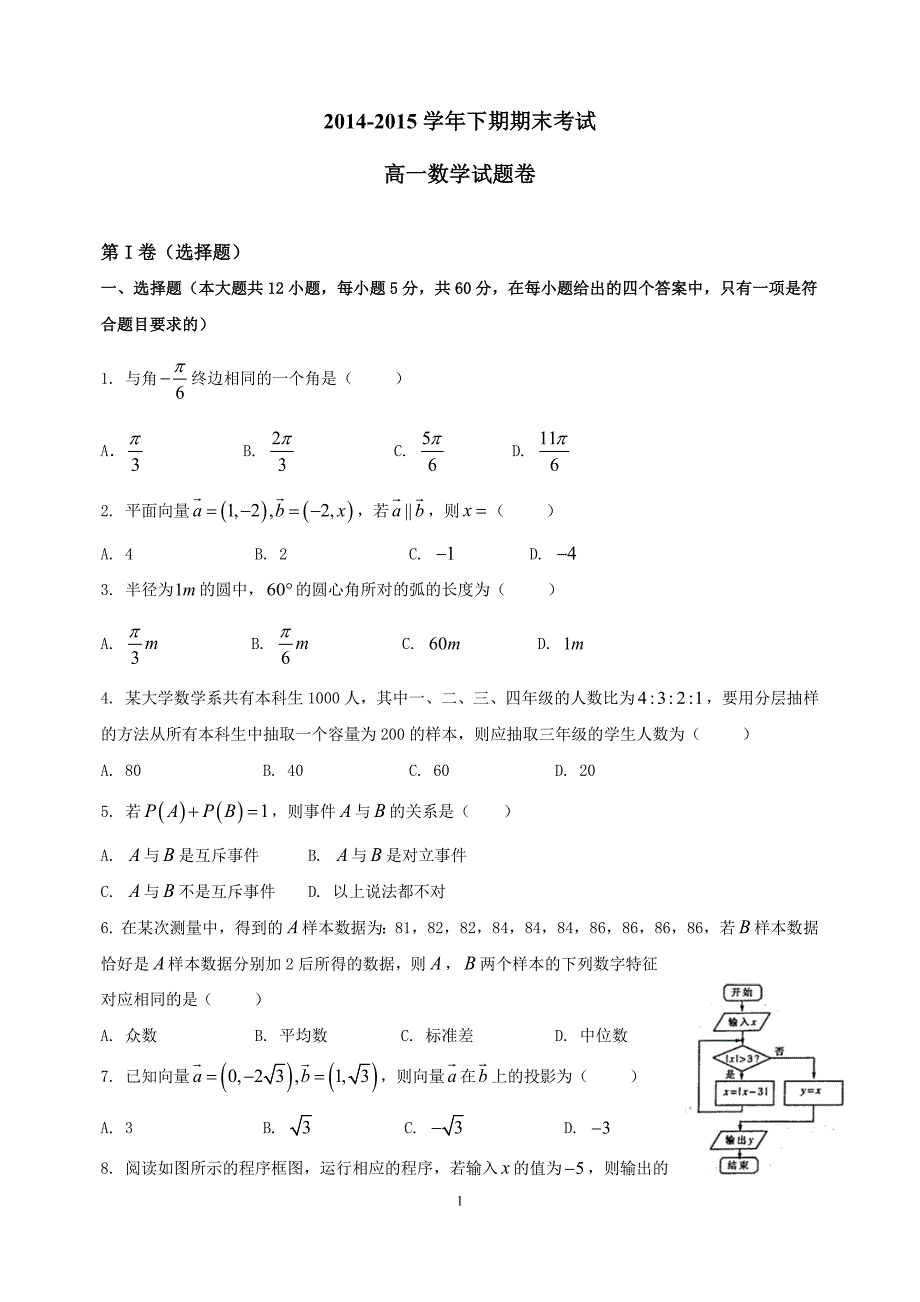 2014—2015学年高一下期期末数学试题(word版)带答案_第1页