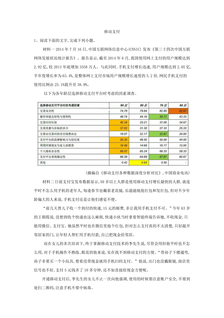 2019届高三语文高频话题阅读试题精选：（10）移动支付  word版含解析_第1页