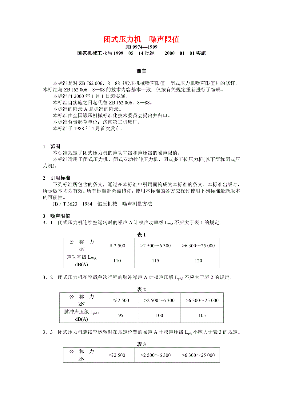 JB 9974—1999 闭式压力机 噪声限值机械标准_第1页