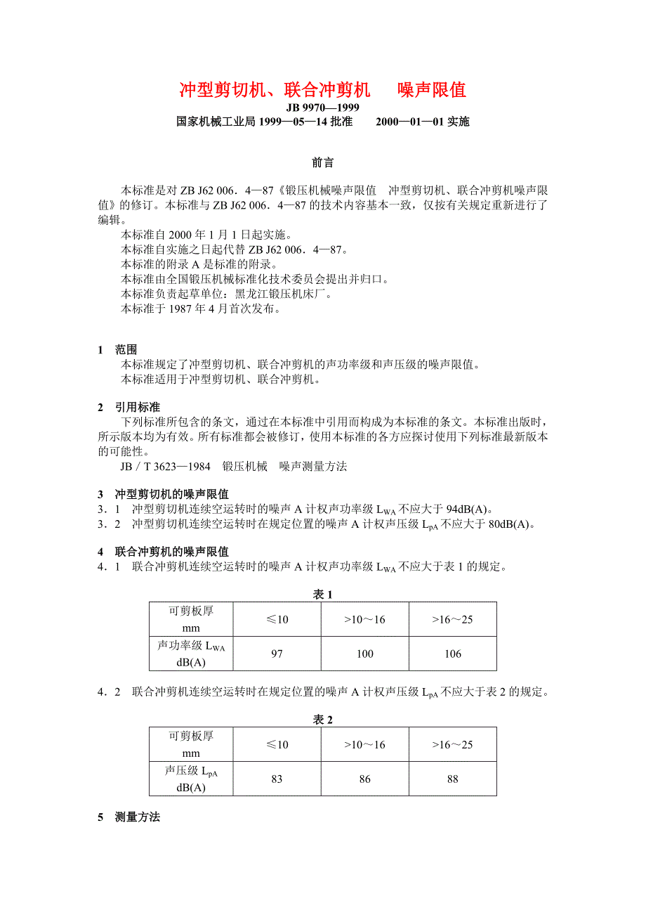 JB 9970—1999 冲型剪切机、联合冲剪机   噪声限值机械标准_第1页