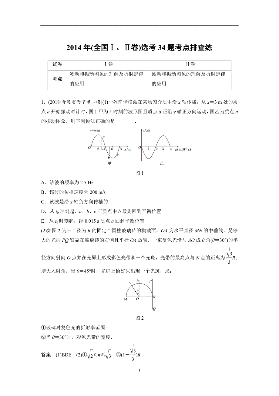 2014年(全国Ⅰ、Ⅱ卷)选考34题考点排查练_第1页