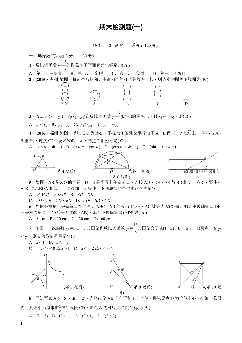 2017年春人教版九年级数学下册期末检测题(1)有答案_第1页