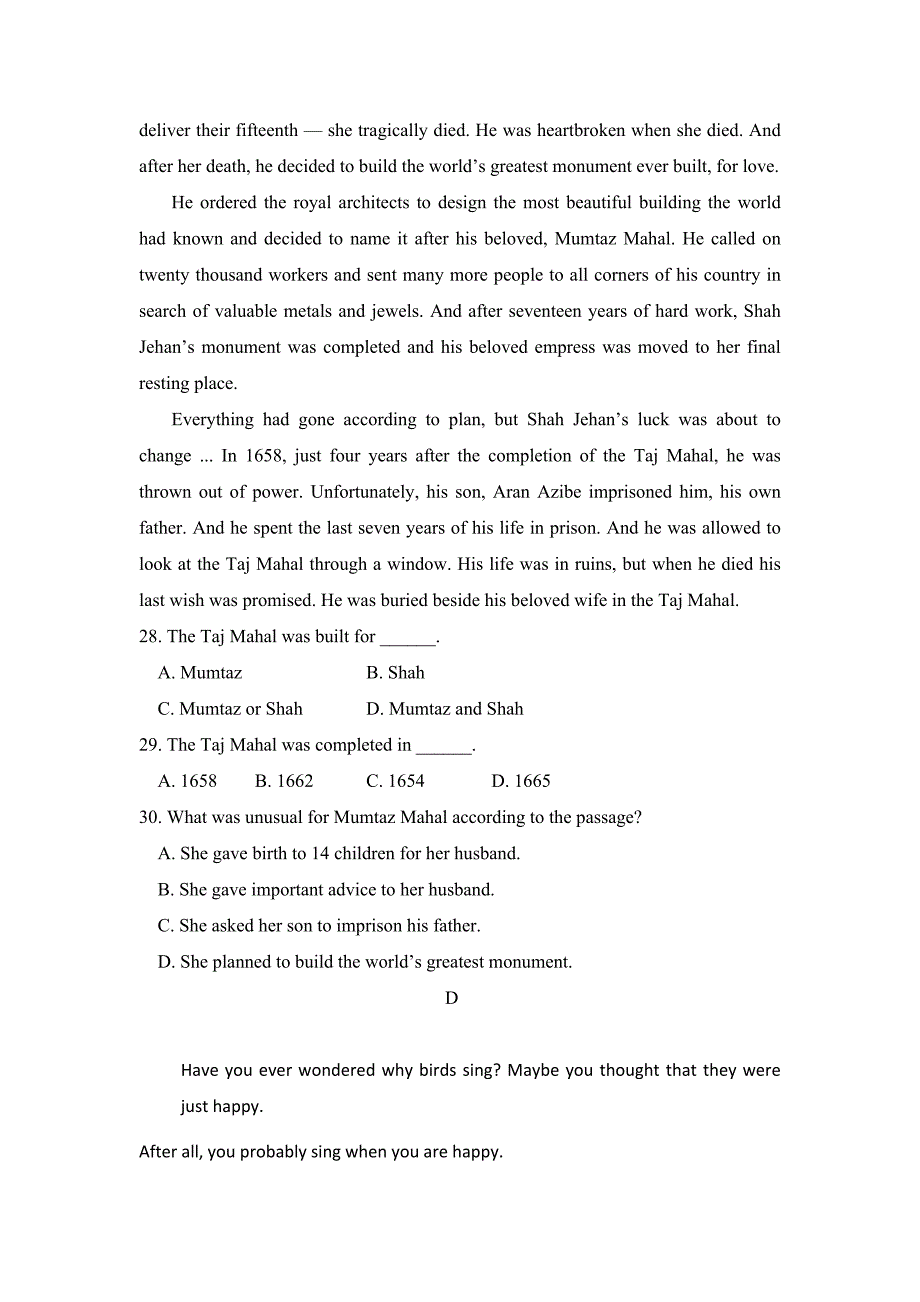 安徽省巢湖市柘皋中学2018-2019学年高一3月月考英语试题 word版含答案_第4页