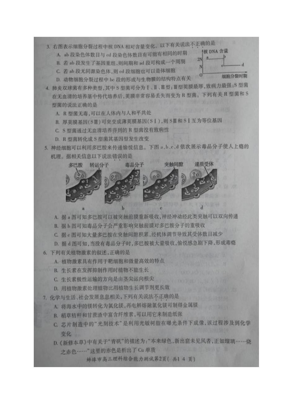 安徽省蚌埠市2019届高三下学期第二次教学质量检查考试理科综合试题（图片版）_第2页