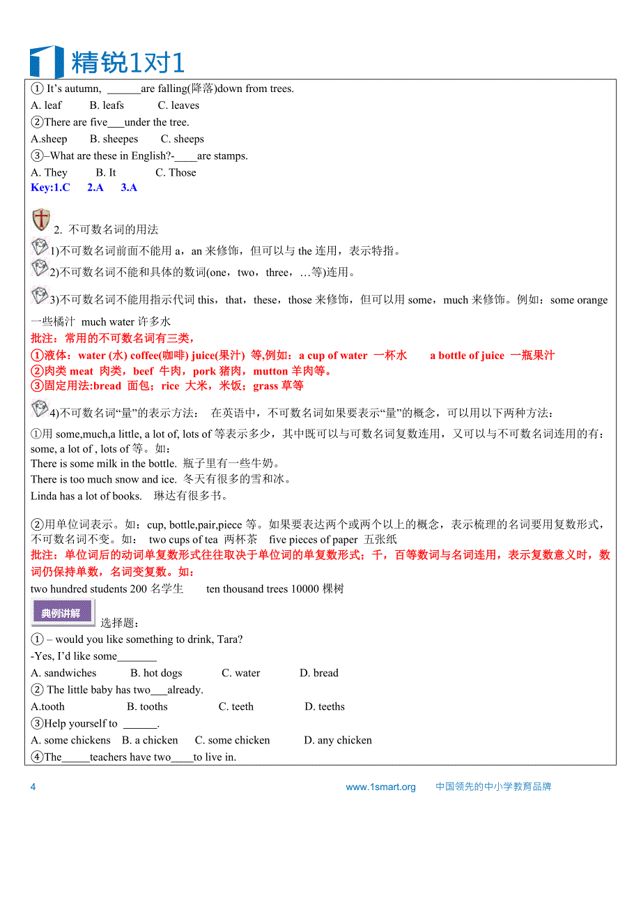 小升初衔接C专题（可数名词与不可数名词2星）_第4页