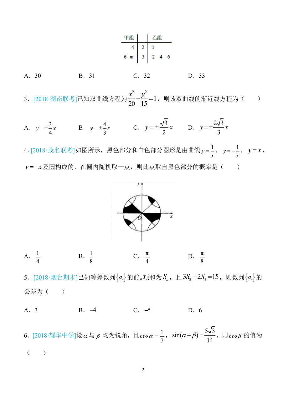 2018年普通高等学校招生全国统一考试仿真卷 文科数学（十）学生版（含答案）_第2页