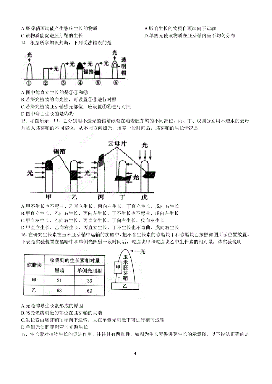 高一生物下学期同步练习—第1节 植物生长素的发现（含解析）_第4页