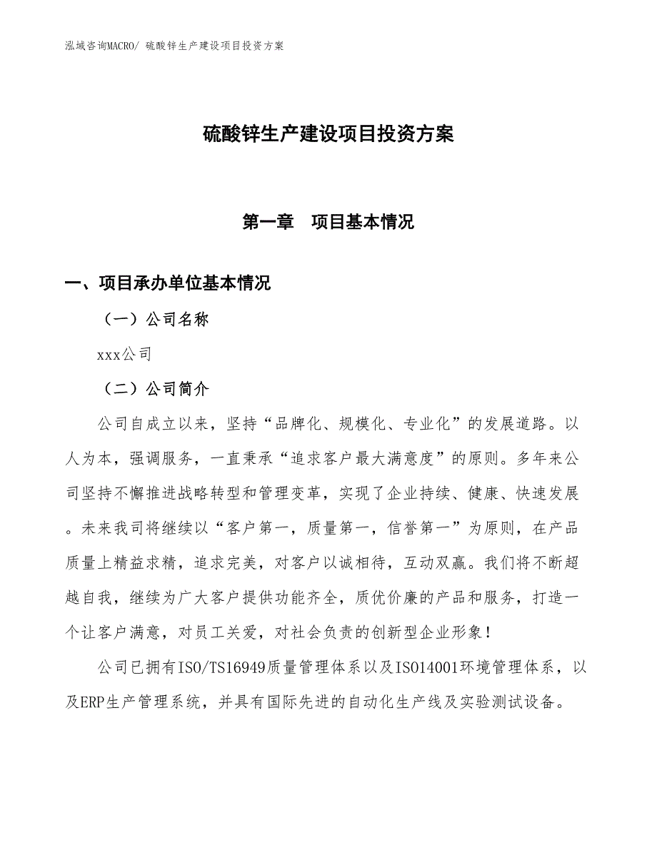 （项目申请）硫酸锌生产建设项目投资方案_第1页