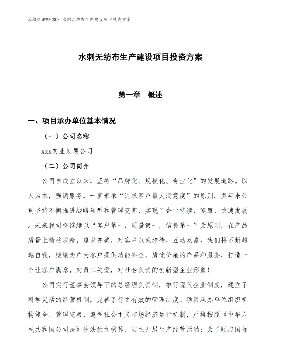 （项目申请）水刺无纺布生产建设项目投资方案_第1页