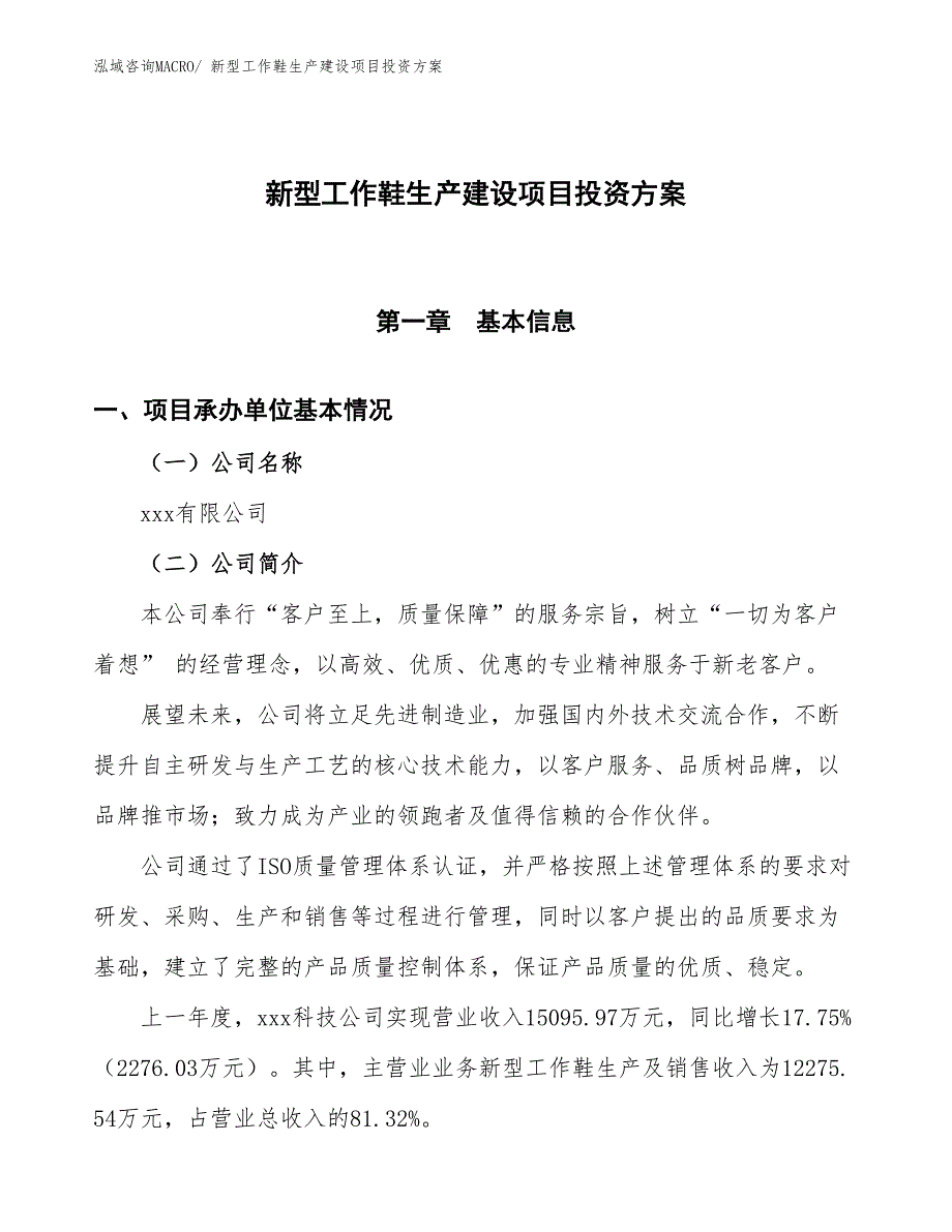 （项目申请）新型工作鞋生产建设项目投资方案_第1页