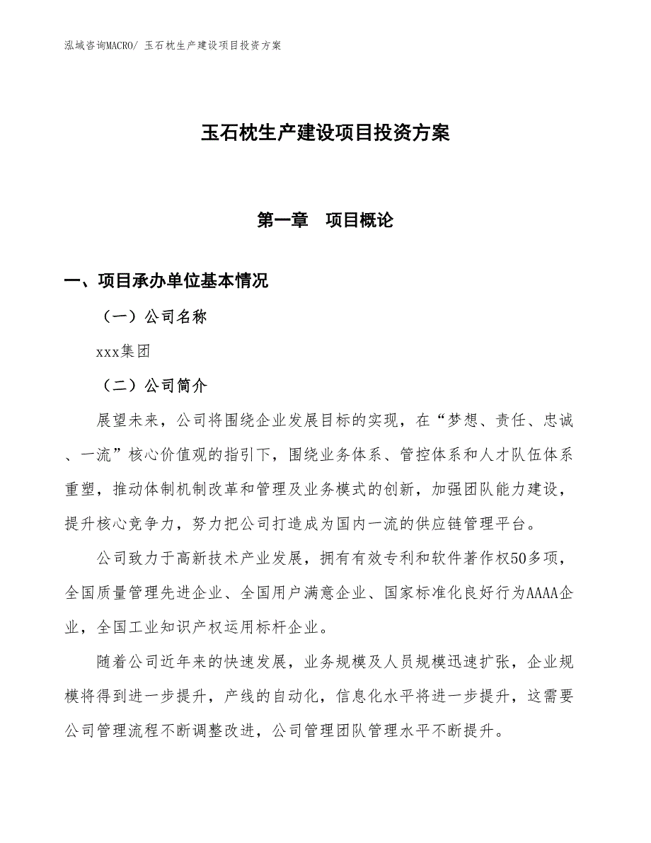 （项目申请）玉石枕生产建设项目投资方案_第1页